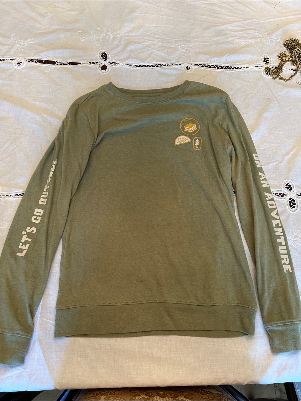 Cat & Jack Olive Green Crewneck Sweater with White Sleeve Graphics